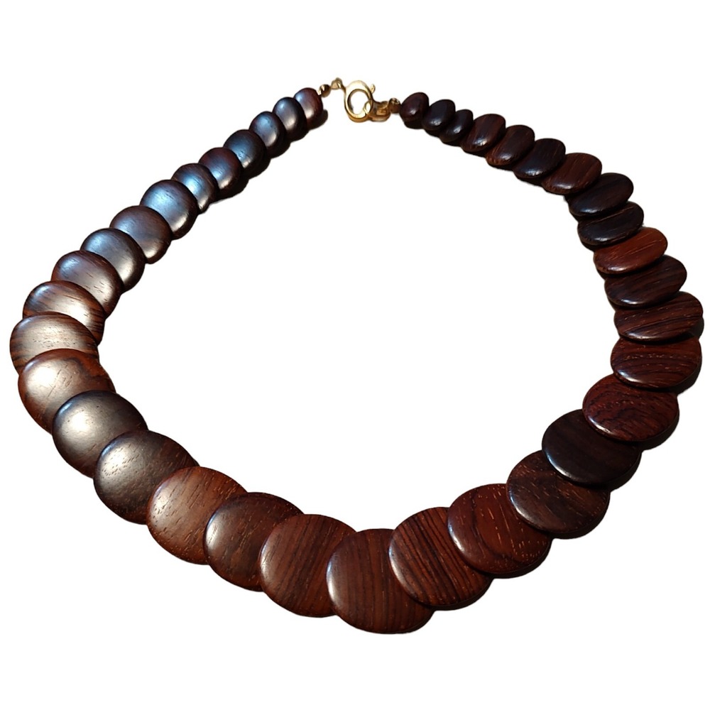 Vintage Chunky Statement Necklace Graduated Wooden Brown Disk Nineteen Inches‎